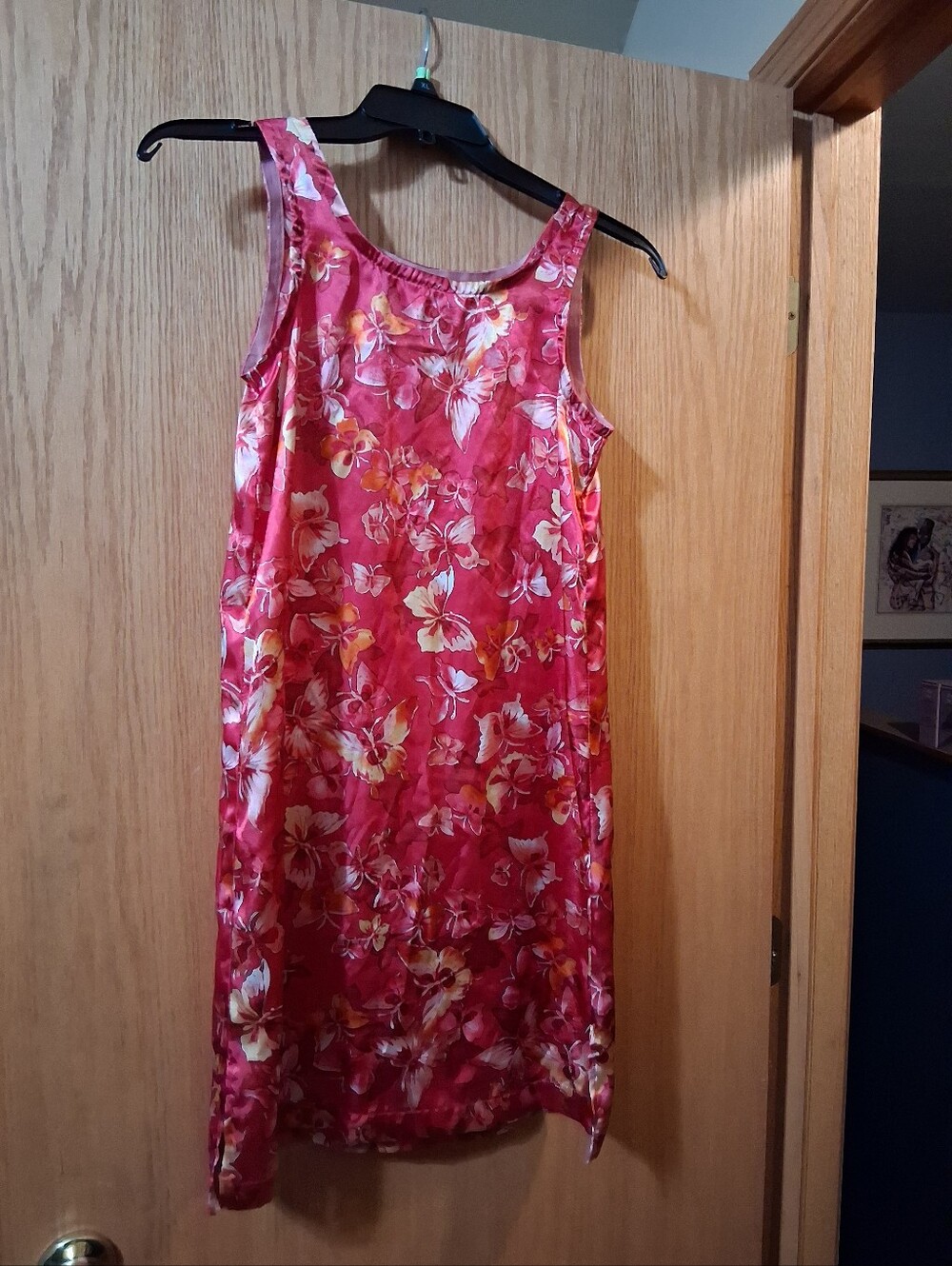 vintage satin sleevless lightweight nightgown butterfly, floral print,Slip Dress